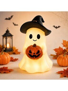 Halloween 130-lighted Ghost Figurine Cartoon Holding Two Bats For Home Decor